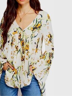 Free People Womens Floral V-Neck Peasant Blouse - White & Yellow
